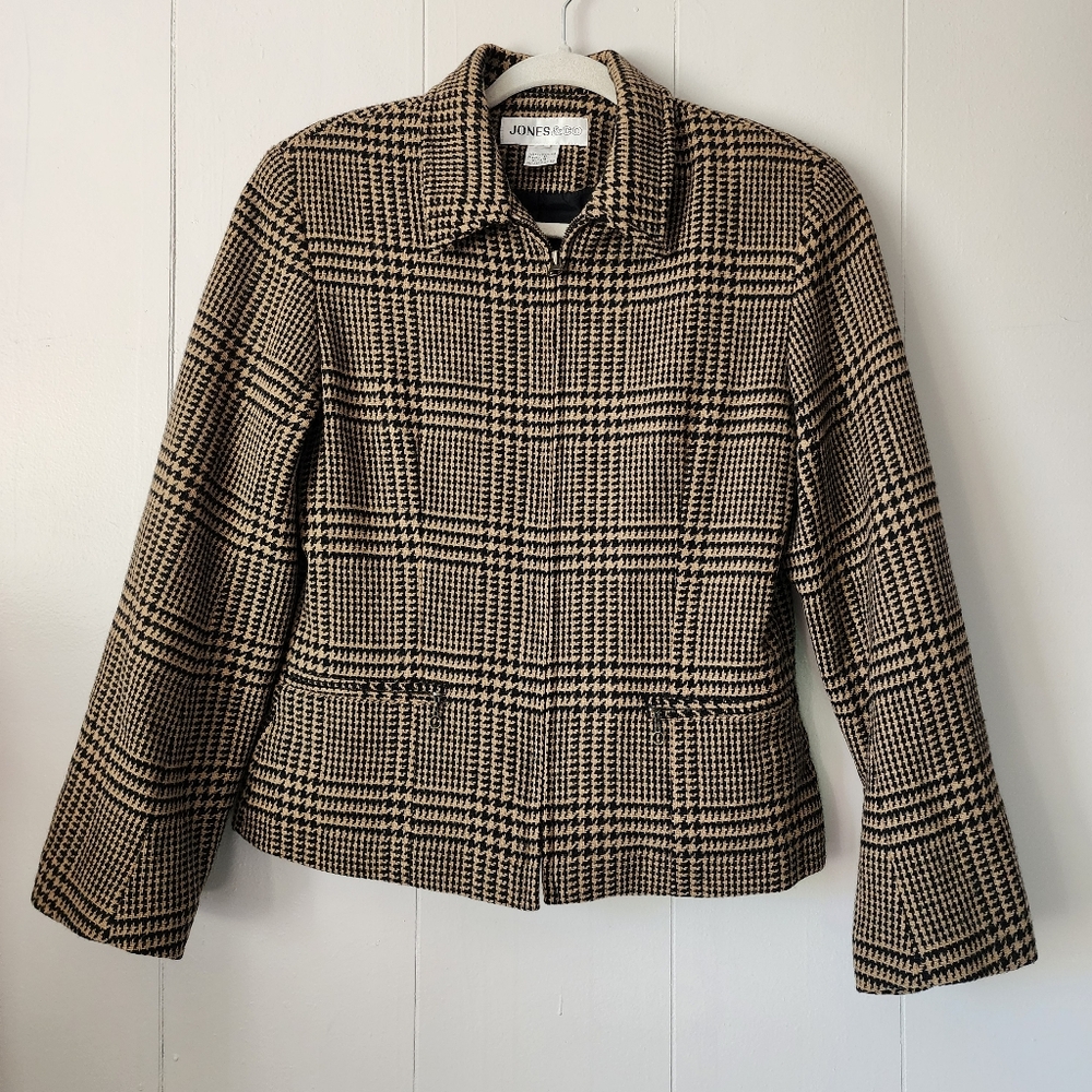 Vintage Preppy Country  Jones & Co 100% Wool Houndstooth Jacket M Tan Black